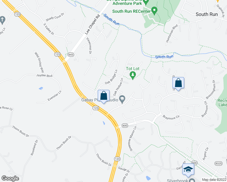 map of restaurants, bars, coffee shops, grocery stores, and more near 8030 Oak Hollow Lane in Fairfax Station