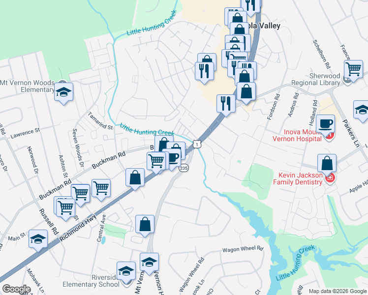 map of restaurants, bars, coffee shops, grocery stores, and more near 3419 Buckman Road in Alexandria