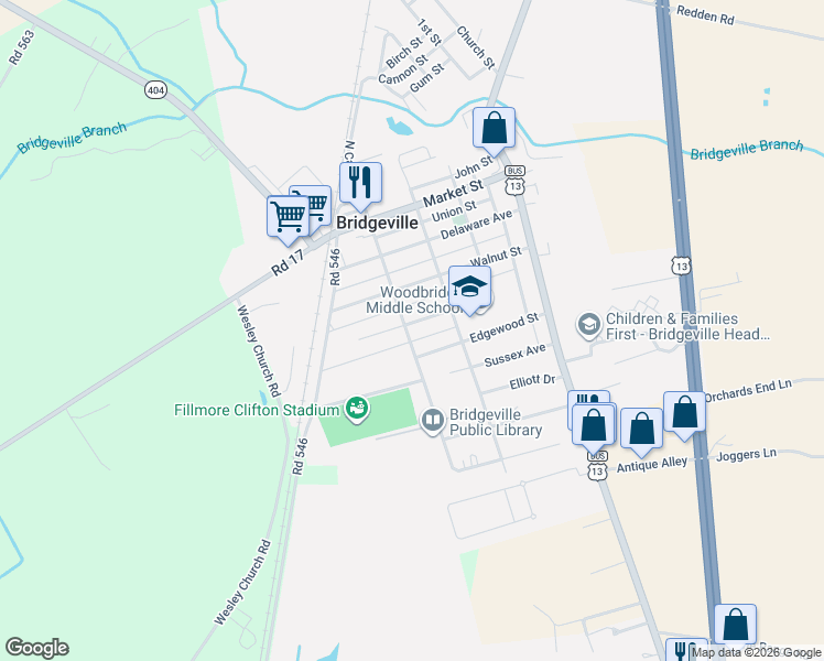 map of restaurants, bars, coffee shops, grocery stores, and more near 311 Cedar Street in Bridgeville