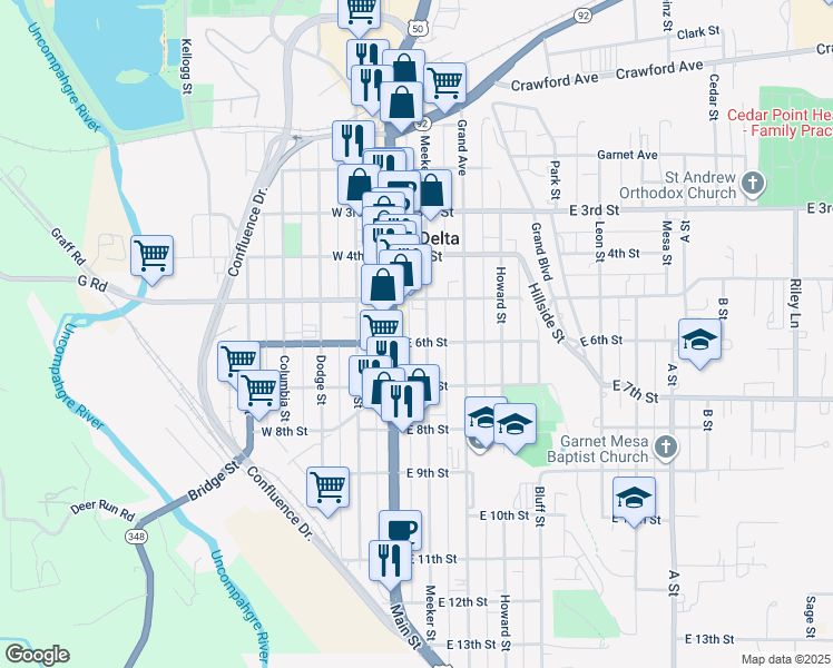 map of restaurants, bars, coffee shops, grocery stores, and more near 62 Colorado 348 in Delta