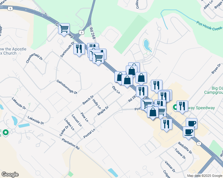 map of restaurants, bars, coffee shops, grocery stores, and more near 18100 Elm Lane in Lewes