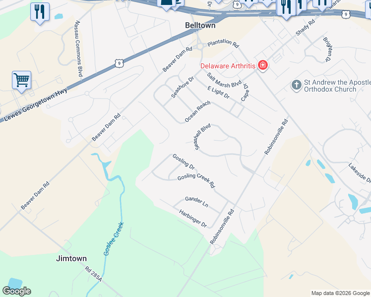 map of restaurants, bars, coffee shops, grocery stores, and more near 10 Gosling Drive in Lewes