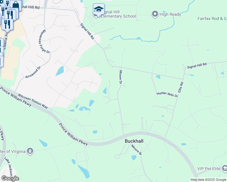 map of restaurants, bars, coffee shops, grocery stores, and more near 9990 Moore Drive in Manassas