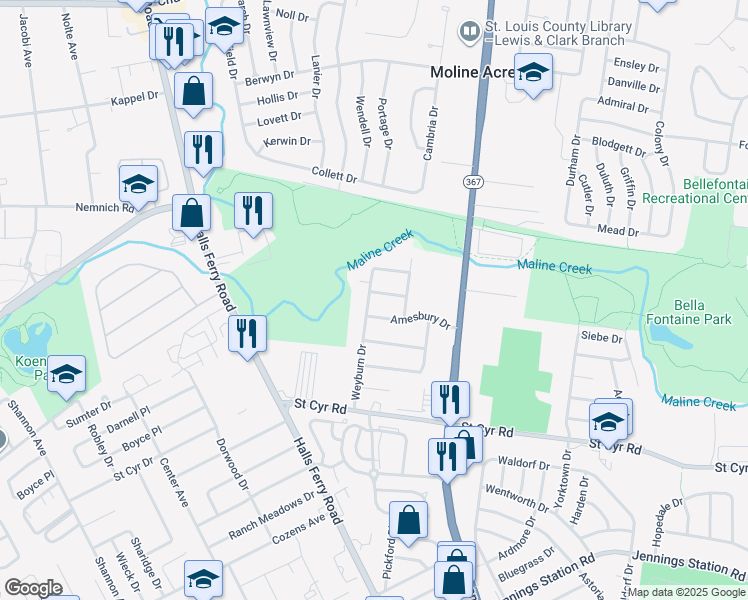 map of restaurants, bars, coffee shops, grocery stores, and more near 9650 Weyburn Drive in Saint Louis