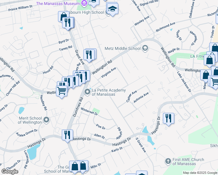 map of restaurants, bars, coffee shops, grocery stores, and more near 8911 Cherry Tree Lane in Manassas