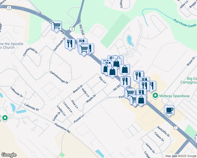 map of restaurants, bars, coffee shops, grocery stores, and more near 18100 Elm Lane in Lewes