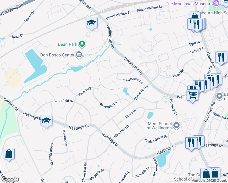 map of restaurants, bars, coffee shops, grocery stores, and more near 10205 Daylily Court in Manassas