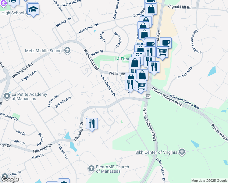 map of restaurants, bars, coffee shops, grocery stores, and more near 9939 Lake Jackson Drive in Manassas