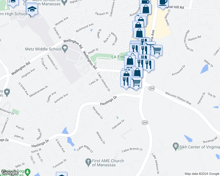 map of restaurants, bars, coffee shops, grocery stores, and more near 9939 Lake Jackson Drive in Manassas