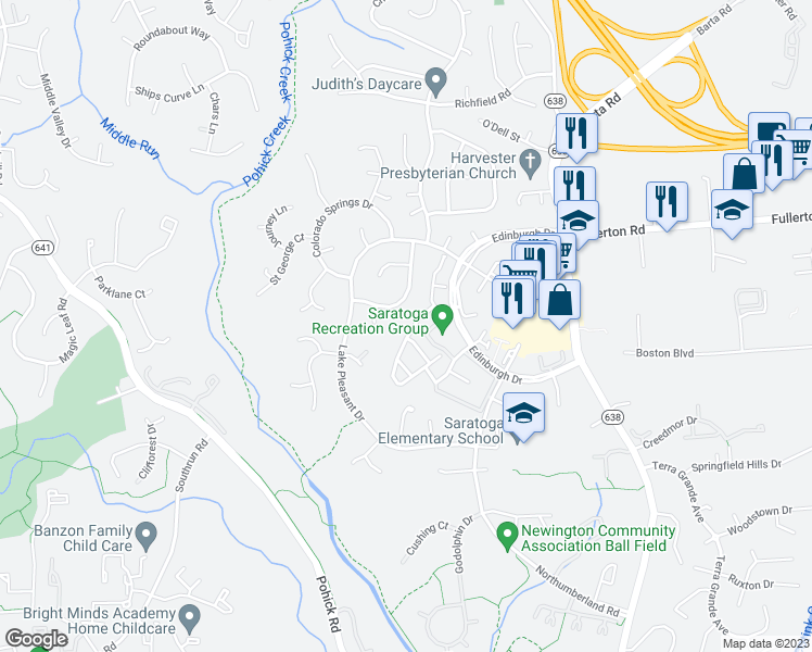 map of restaurants, bars, coffee shops, grocery stores, and more near 8028 Sleepy View Lane in Springfield