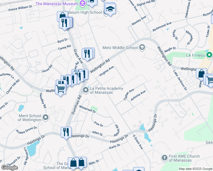 map of restaurants, bars, coffee shops, grocery stores, and more near 8911 Cherry Tree Lane in Manassas