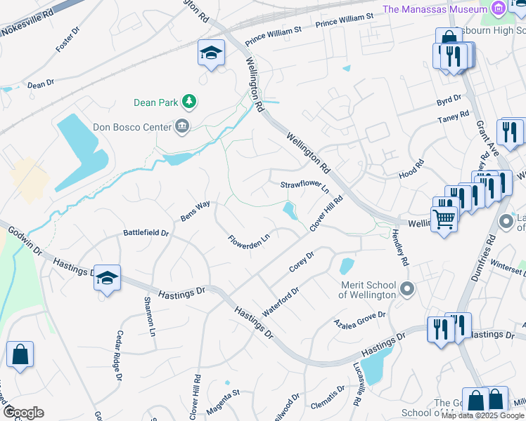map of restaurants, bars, coffee shops, grocery stores, and more near 10205 Daylily Court in Manassas