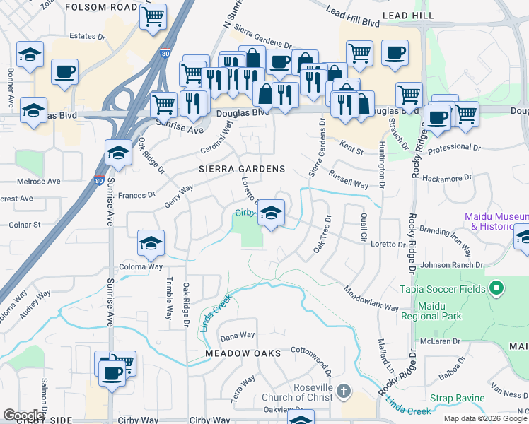 map of restaurants, bars, coffee shops, grocery stores, and more near 518 Loretto Drive in Roseville