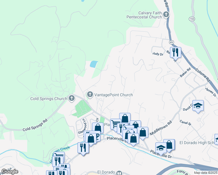 map of restaurants, bars, coffee shops, grocery stores, and more near 2676 Woodridge Court in Placerville