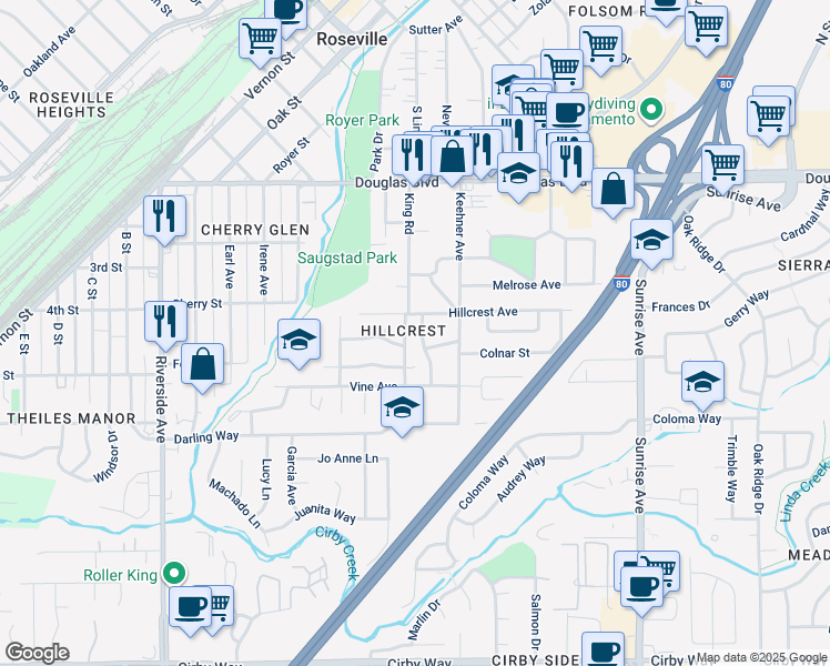 map of restaurants, bars, coffee shops, grocery stores, and more near 411 King Road in Roseville