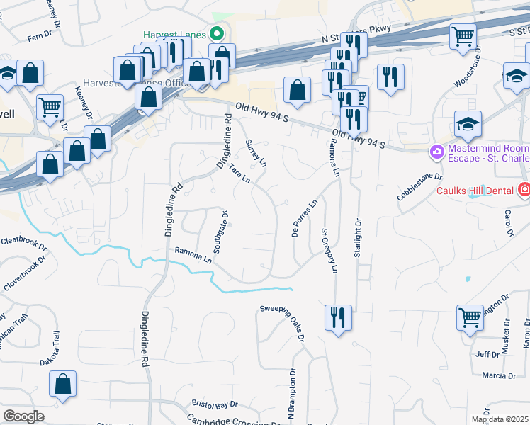 map of restaurants, bars, coffee shops, grocery stores, and more near 301 Whispering Woods Drive in St. Peters