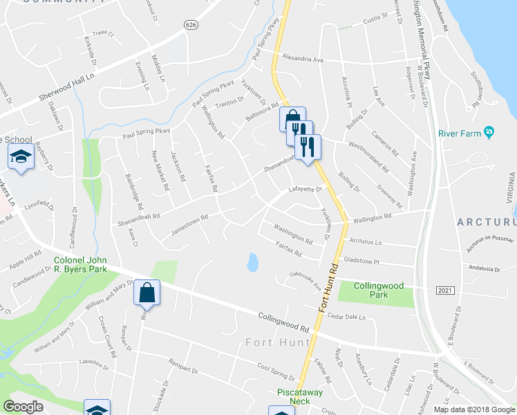 map of restaurants, bars, coffee shops, grocery stores, and more near 1602 Lafayette Drive in Alexandria