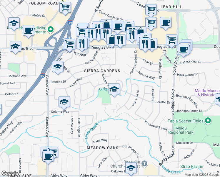 map of restaurants, bars, coffee shops, grocery stores, and more near 518 Loretto Drive in Roseville
