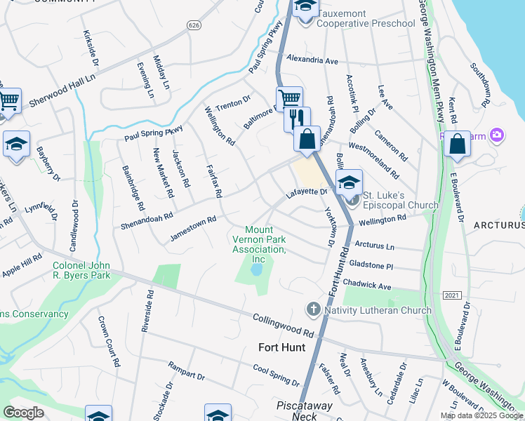 map of restaurants, bars, coffee shops, grocery stores, and more near 1602 Lafayette Drive in Alexandria