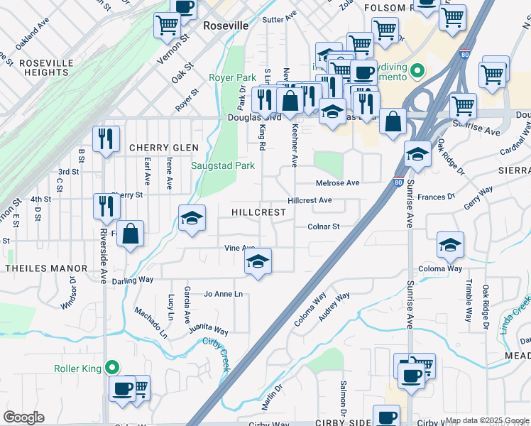 map of restaurants, bars, coffee shops, grocery stores, and more near 411 King Road in Roseville