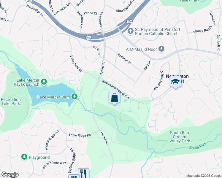 map of restaurants, bars, coffee shops, grocery stores, and more near 8015 Steeple Chase Court in Springfield