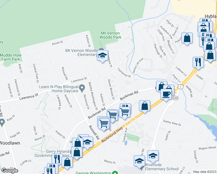 map of restaurants, bars, coffee shops, grocery stores, and more near 7943 Sausalito Place in Alexandria