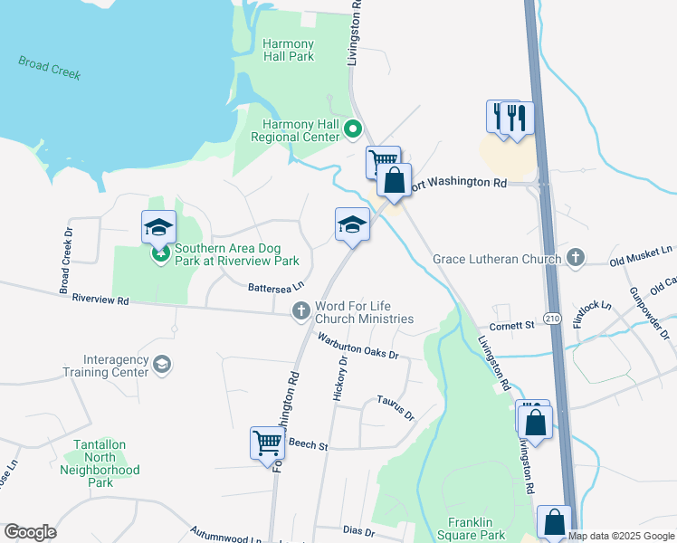 map of restaurants, bars, coffee shops, grocery stores, and more near in Fort Washington