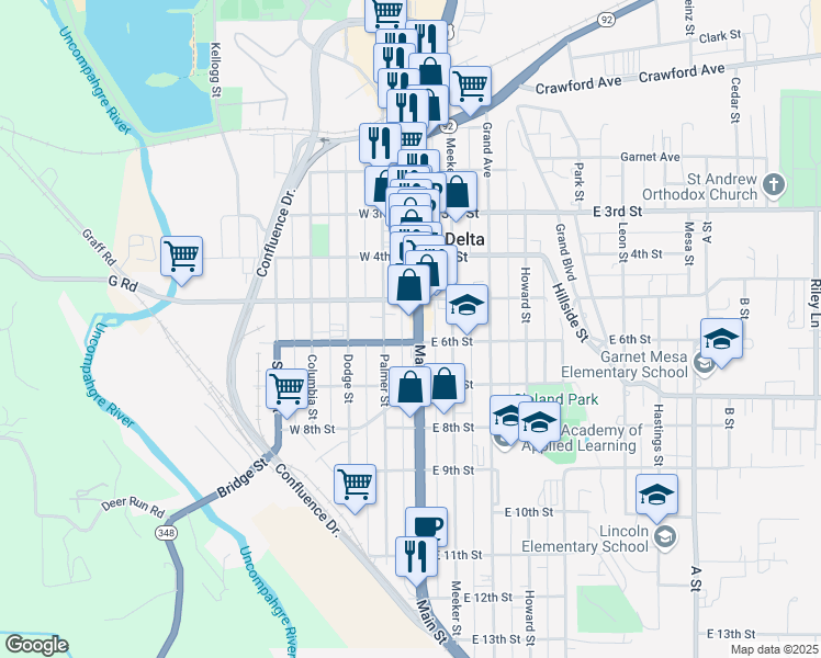 map of restaurants, bars, coffee shops, grocery stores, and more near 62 Colorado 348 in Delta