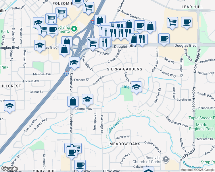 map of restaurants, bars, coffee shops, grocery stores, and more near 607 Gregory Court in Roseville