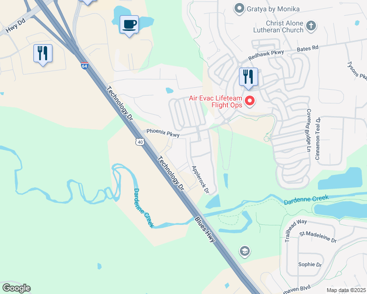 map of restaurants, bars, coffee shops, grocery stores, and more near 3409 Winghaven Pointe Drive in O'Fallon