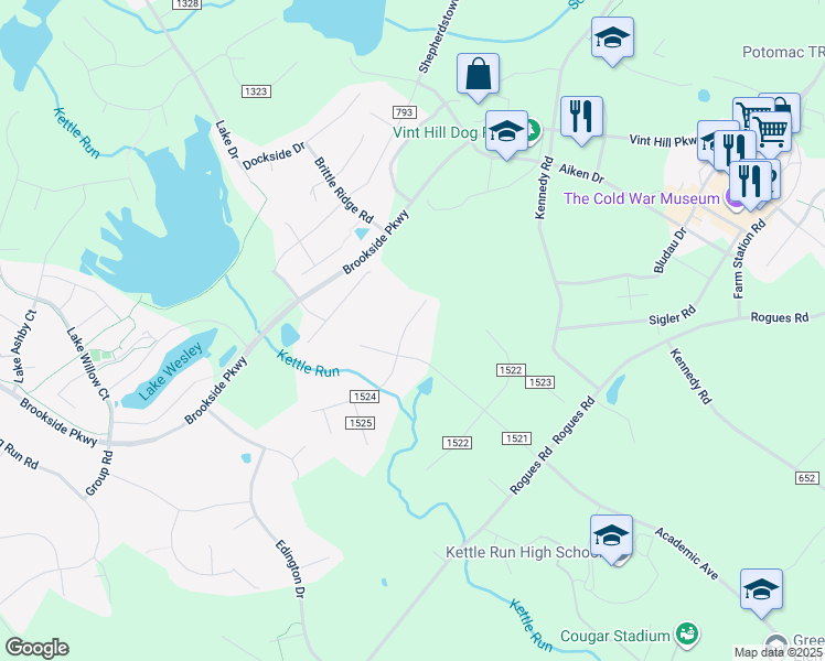 map of restaurants, bars, coffee shops, grocery stores, and more near 7201 Sunrise Court in Warrenton
