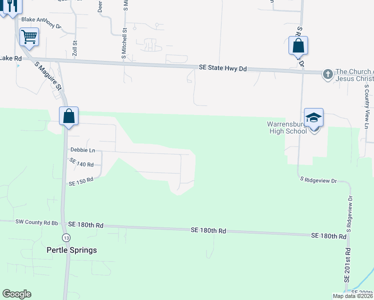 map of restaurants, bars, coffee shops, grocery stores, and more near 159 Southeast 125 Road in Warrensburg
