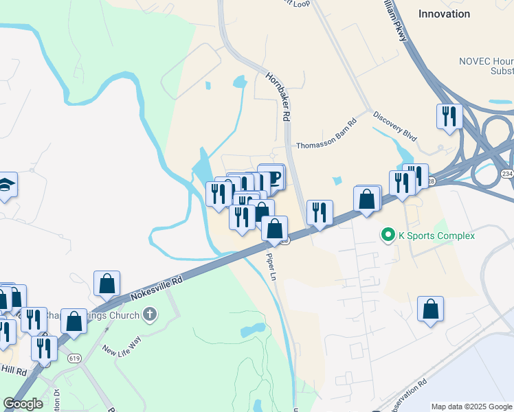 map of restaurants, bars, coffee shops, grocery stores, and more near 9900 Sowder Village Square in Manassas