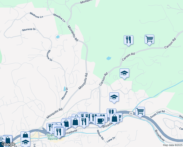map of restaurants, bars, coffee shops, grocery stores, and more near 2711 Mosquito Road in Placerville
