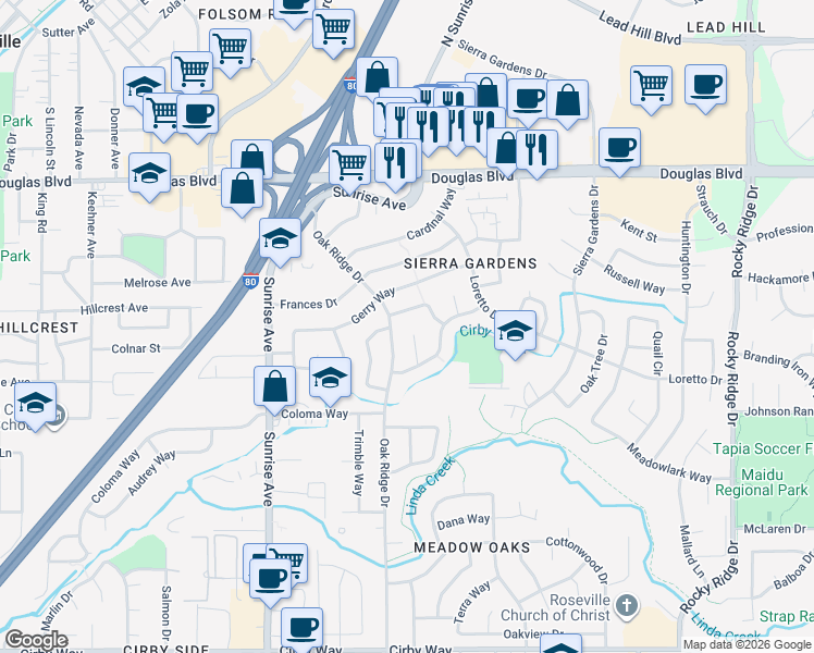map of restaurants, bars, coffee shops, grocery stores, and more near 607 Gregory Court in Roseville