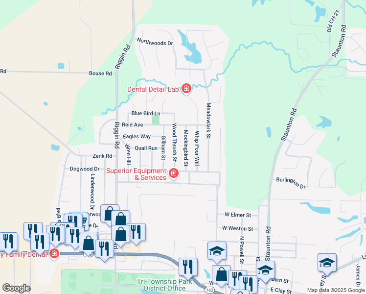 map of restaurants, bars, coffee shops, grocery stores, and more near 521 Wood Thrush Street in Troy