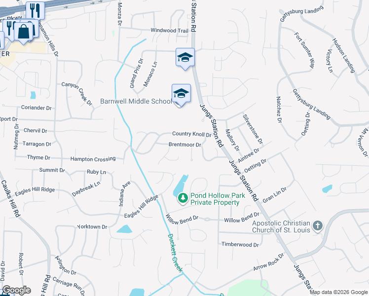 map of restaurants, bars, coffee shops, grocery stores, and more near 136 Country Brook Court in Saint Charles
