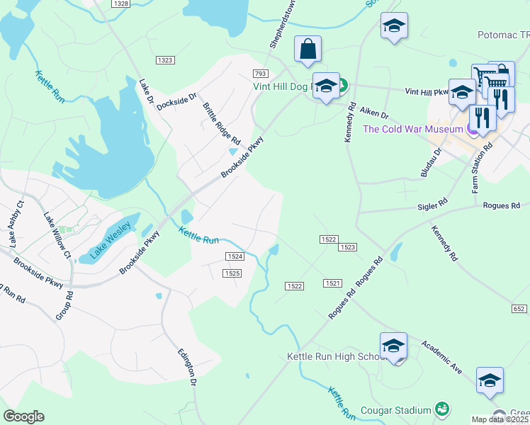 map of restaurants, bars, coffee shops, grocery stores, and more near 7201 Sunrise Court in Warrenton