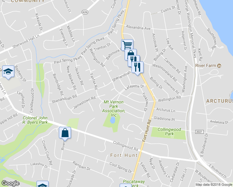 map of restaurants, bars, coffee shops, grocery stores, and more near 1600 Lafayette Drive in Alexandria