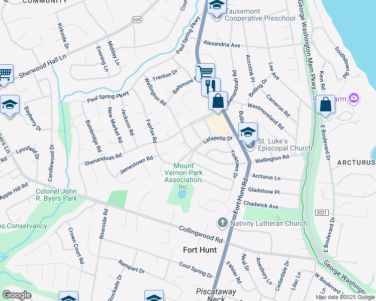map of restaurants, bars, coffee shops, grocery stores, and more near 1600 Lafayette Drive in Alexandria