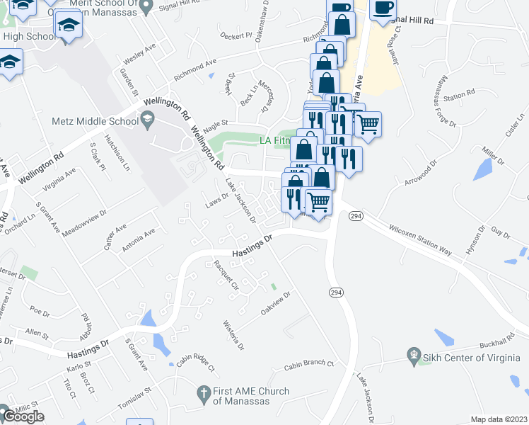 map of restaurants, bars, coffee shops, grocery stores, and more near Fendall Street in Manassas