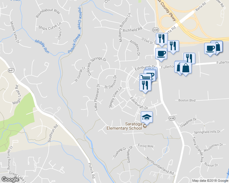 map of restaurants, bars, coffee shops, grocery stores, and more near 8022 Sleepy View Lane in Springfield