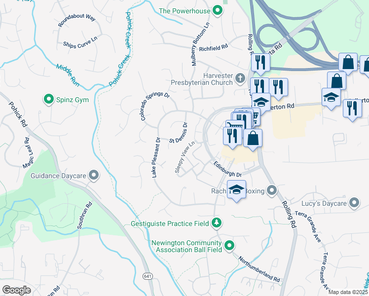 map of restaurants, bars, coffee shops, grocery stores, and more near 8022 Sleepy View Lane in Springfield