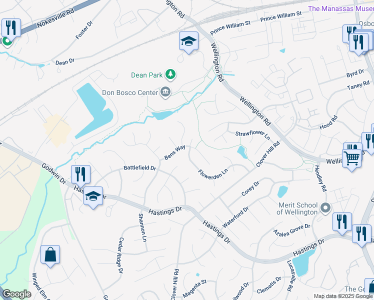 map of restaurants, bars, coffee shops, grocery stores, and more near 9445 Flowerden Lane in Manassas