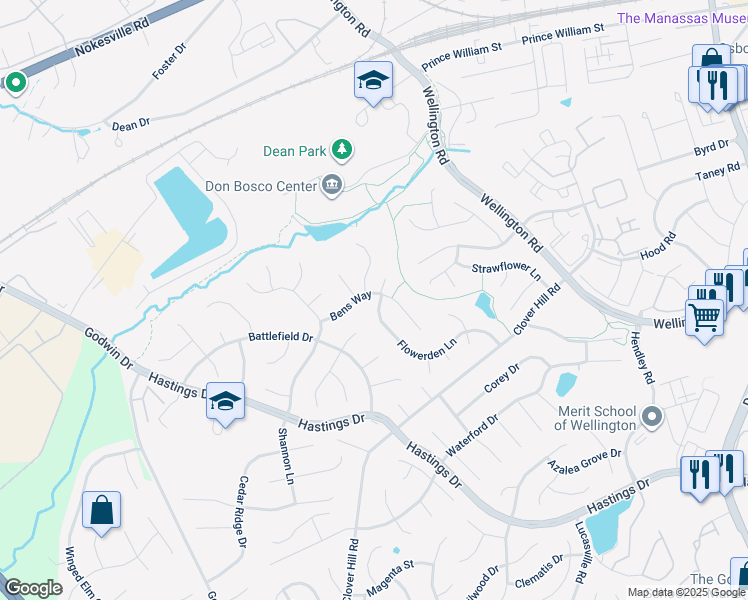map of restaurants, bars, coffee shops, grocery stores, and more near 9445 Flowerden Lane in Manassas