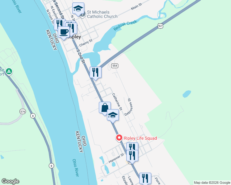 map of restaurants, bars, coffee shops, grocery stores, and more near 406 Catherine Street in Ripley