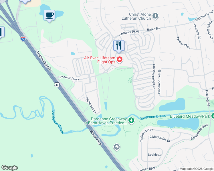 map of restaurants, bars, coffee shops, grocery stores, and more near 2002 Boardwalk Place Drive in O'Fallon