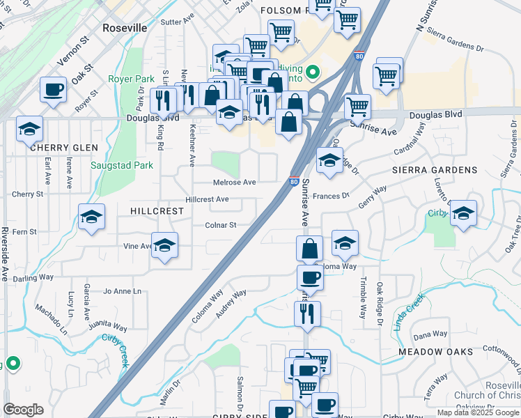 map of restaurants, bars, coffee shops, grocery stores, and more near 410 Lemar Drive in Roseville