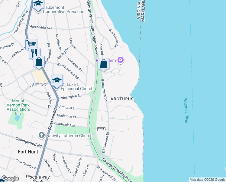 map of restaurants, bars, coffee shops, grocery stores, and more near 7983 East Boulevard Drive in Alexandria