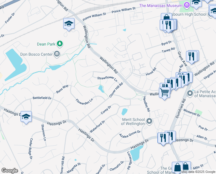 map of restaurants, bars, coffee shops, grocery stores, and more near 9390 Cloudberry Way in Manassas